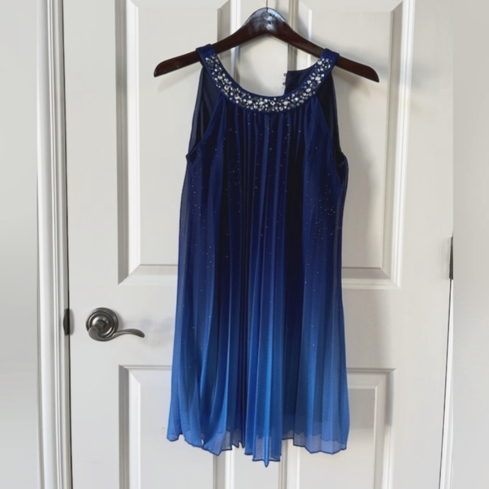 Girls Ombre Blue Sleeveless Shift Dress with Beaded Neckline Size 14